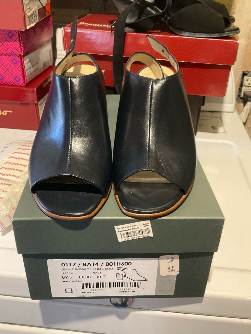 Nina Navy Leather Open-Toe Slingback Ankle Boot